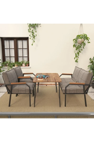 Mygusi Hayal Serisi Balkon, Bahçe, Cafe - Metal Kanepe Koltuk Takımı - 2+1+1 90x60cm Masalı - Cappucino - 3