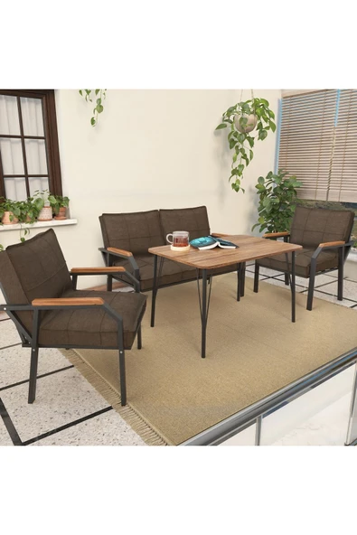 Mygusi Hayal Serisi Balkon, Bahçe, Cafe - Metal Kanepe Koltuk Takımı - 2+1+1 90x60cm Masalı - Kahverengi - 2