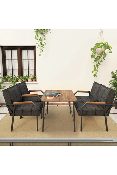 Mygusi Hayal Serisi Balkon, Bahçe, Cafe - Metal Kanepe Koltuk Takımı - 2+1+1 90x60cm Masalı - Antrasit - 2