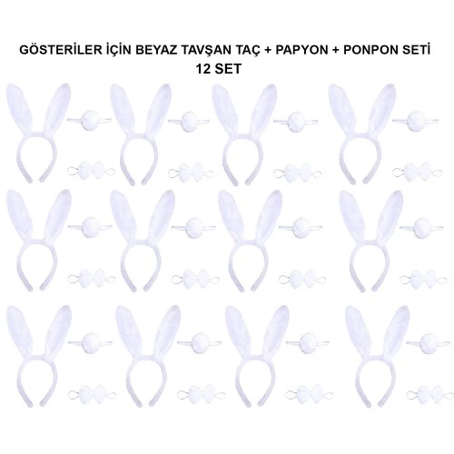 Beyaz Tavşan Kostüm Seti – Taç, Papyon, Kuyruk (12’li Paket) - Resim 2
