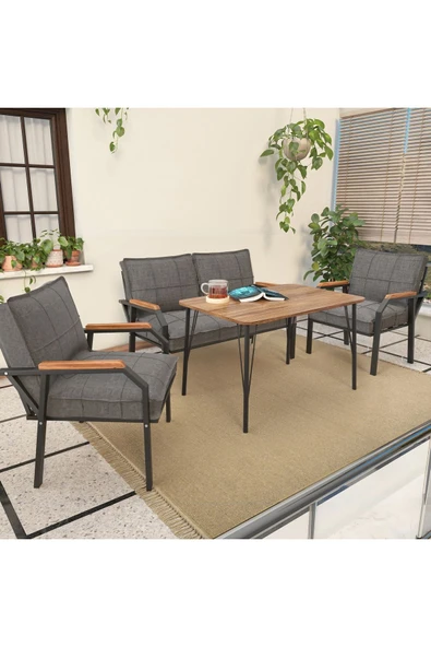 Mygusi Hayal Serisi Balkon, Bahçe, Cafe - Metal Kanepe Koltuk Takımı - 2+1+1 90x60cm Masalı - Koyu Gri