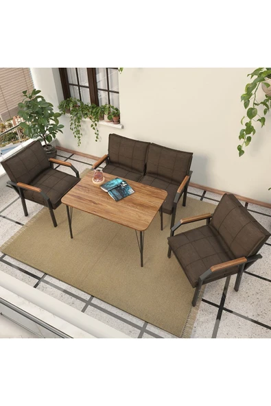 Mygusi Hayal Serisi Balkon, Bahçe, Cafe - Metal Kanepe Koltuk Takımı - 2+1+1 90x60cm Masalı - Kahverengi