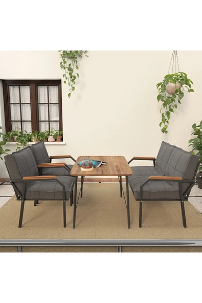 Mygusi Hayal Serisi Balkon, Bahçe, Cafe - Metal Kanepe Koltuk Takımı - 2+1+1 90x60cm Masalı - Koyu Gri - 3
