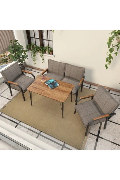 Mygusi Hayal Serisi Balkon, Bahçe, Cafe - Metal Kanepe Koltuk Takımı - 2+1+1 90x60cm Masalı - Cappucino