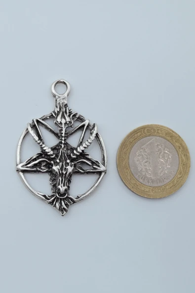 Pentagram Yıldızı Keçi Kafası Gümüş Kaplama Düz Zincir Kolye - Resim 4