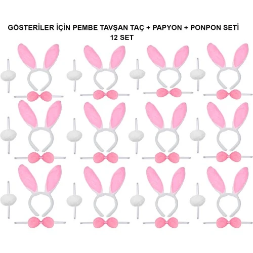 Pembe Tavşan Kostüm Seti – Taç, Papyon, Ponpon (12’li Paket) ürün görseli 1