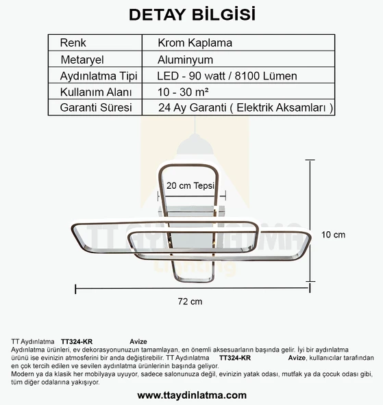 TT Aydınlatma TT324-KR  57 x 17 Profil Krom Kaplama 3 lü Plafonyer Led Avize - 4