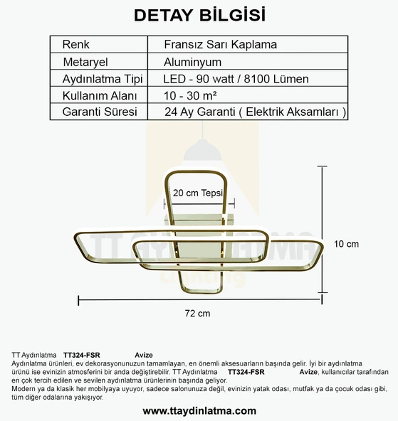 TT Aydınlatma TT324-FSR  57 x 17 Profil Fransız Sarı Kaplama 3 lü Plafonyer Led Avize - Resim 4