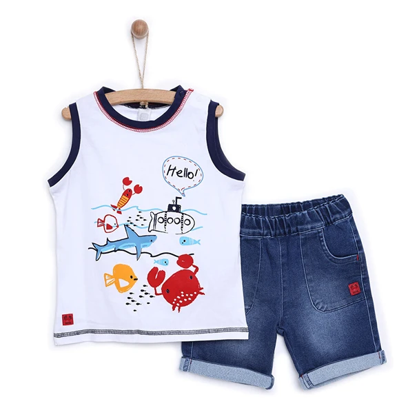 Erkek Bebek Atlet Şort Set Denim Kumaş TUCTUC Bisiklet Yaka Atlet Kol Beyaz