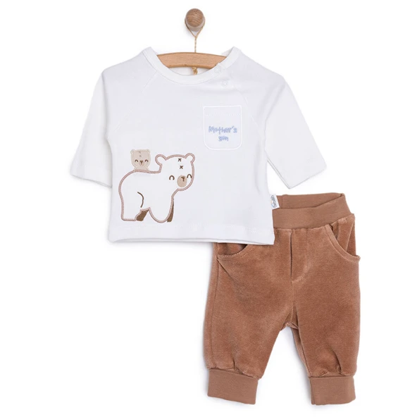 Erkek Bebek Sweatshirt Patiksiz Alt Kadife Örme Mother's Bisiklet Yaka Uzun Kol Kahverengi