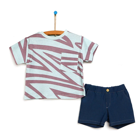 Erkek Bebek Tişört Şort Set Gabardin Kumaş Düğmeli Colorful Çıtçıtlı Yaka Kısa Kol Yeşil