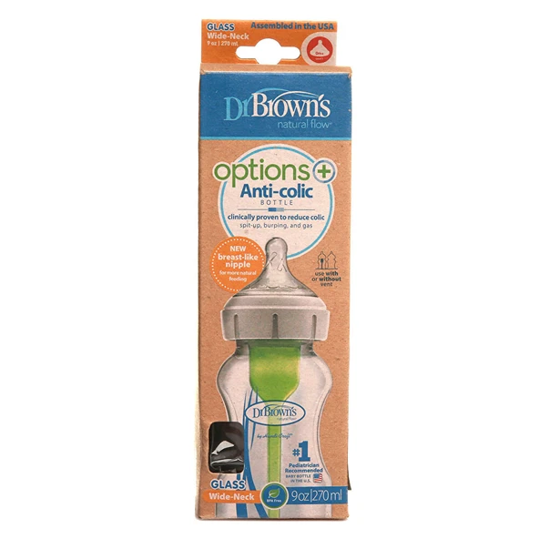 DB91740 Dr Browns Options+ Geniş Ağız Antikolik Cam Biberon 270 ml 0+ Ay