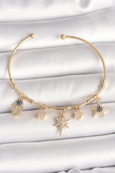 Pirinç Gold Renk Sallantı Zirkon Taşlı Kutup Yıldız Model Charm Model Kadın Bileklik - TJ-BB6884