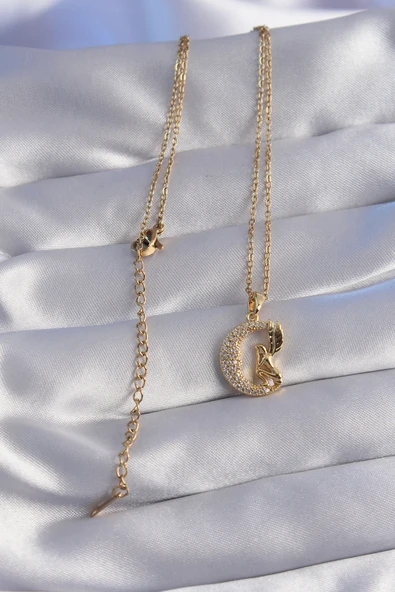 316L Çelik Zincir Gold Renk Kuş Figürlü Zirkon Taşlı Ay Tasarımlı Kolye - TJ-BKO8763 - 2