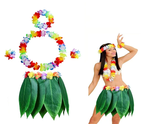 Yetişkin Hawaii Kostüm Seti - Yaprak Etek & Hawaii Set - 5 Parça