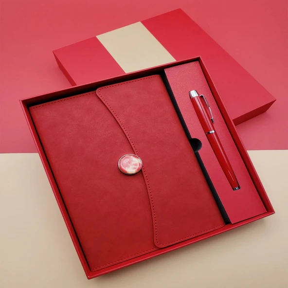 Çizgili Defter Ve Metal Kalem Seti Kırmızı