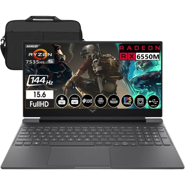 HP Victus 15-FB2028NT Amd Ryzen 5 7535HS 24GB Ram 512GB SSD RX6550M 144Hz Freedos 15.6" Fullhd Taşınabilir Bilgisayar A44MJEA & Cimete Çanta