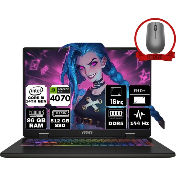 MSI Msı Sword 17 Hx Intel Core I7 14700HX 96GB 512GB SSD RTX4070/8GB W11P 17" Fhd+ 165Hz Taşınabilir Bilgisayar B14VGKG-054XTR-A54 & Anzar Mouse