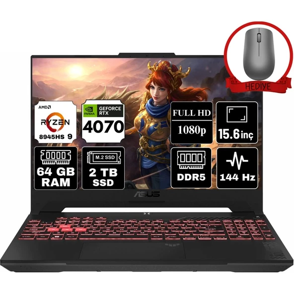 Asus Tuf Gaming A15 Amd Ryzen 9 8945HS 64GB 2tb SSD RTX4070/8GB W11P 15.6" Fhd 144Hz Taşınabilir Bilgisayar FA507UI-LP054-A79 & Anzar Mouse
