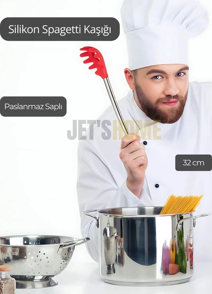 Silikon Spagetti Kaşığı Paslanmaz Saplı Kırmızı 32 cm - 2