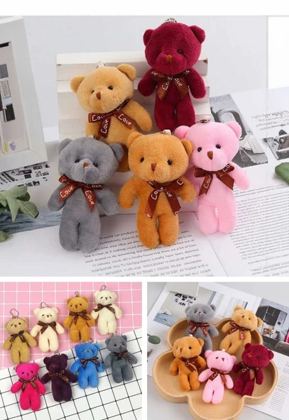 12 Adet Peluş Ayıcık Set Mini Yumoş Çanta Süsü Aksesuarı Anahtarlık Karışık Renk 11 cm - 3