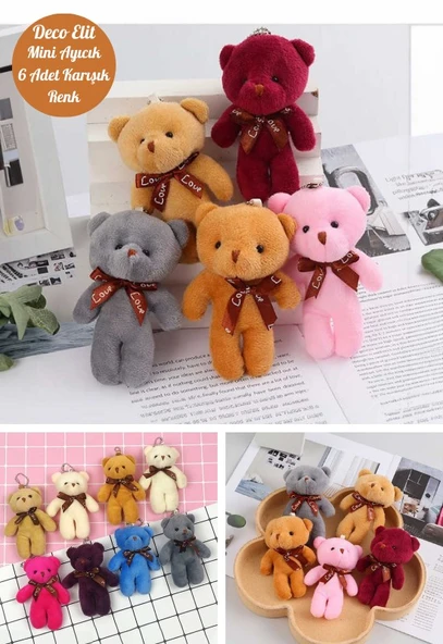 6 Adet Peluş Ayıcık Set Mini Yumoş Çanta Süsü Aksesuarı Anahtarlık Karışık Renk 11 cm