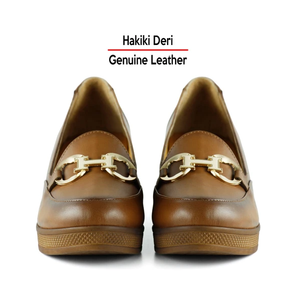 Erkan Saçmacı Hayley Taba Hakiki Deri Tokalı Yuvarlak Burun Dolgu Topuklu Günlük Ayakkabı - Resim 4