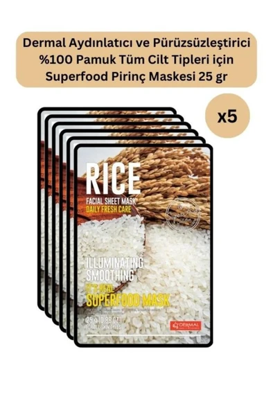 Dermal Aydınlatıcı ve Pürüzsüzleştirici Etki Tüm Cilt Tipleri için Superfood Pirinç Maskesi 5 Adet