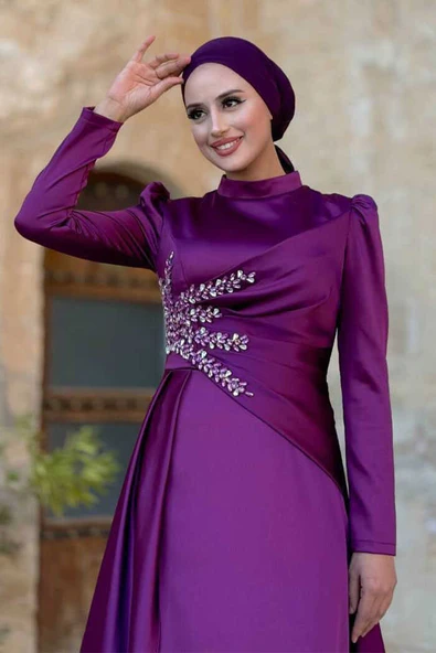 Taş Detaylı Saten Abiye 7027 Mürdüm - Resim 4