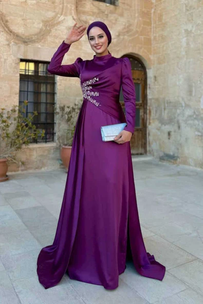 Taş Detaylı Saten Abiye 7027 Mürdüm ürün görseli 1