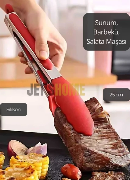 Sunum Maşası Barbekü Maşası Mangal Maşa Silikon Salata Maşası Kırmızı 25 cm - 3