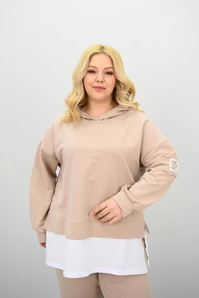 Kadın Büyük Beden Uzun Kollu Kapüşonlu Lastik Paça Eşofman Takımı 8180-25 (4253K) - 12