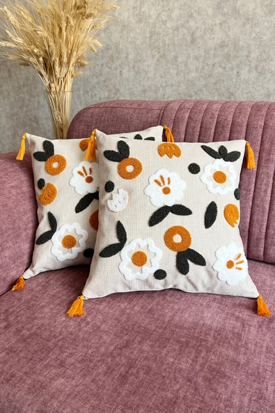 2 Adet Keten Kumaş Nakışlı Püsküllü Kırlent Kılıfı Punch Renkli Emoji