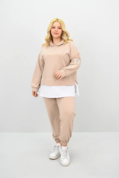 Kadın Büyük Beden Uzun Kollu Kapüşonlu Lastik Paça Eşofman Takımı 8180-25 (4253K) - 11