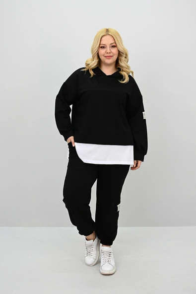 Kadın Büyük Beden Uzun Kollu Kapüşonlu Lastik Paça Eşofman Takımı 8180-25 (4253K) - 4