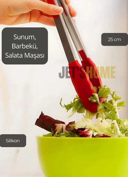 Sunum Maşası Barbekü Maşası Mangal Maşa Silikon Salata Maşası Kırmızı 25 cm - 2