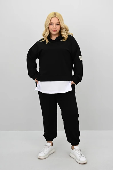 Kadın Büyük Beden Uzun Kollu Kapüşonlu Lastik Paça Eşofman Takımı 8180-25 (4253K) - 6