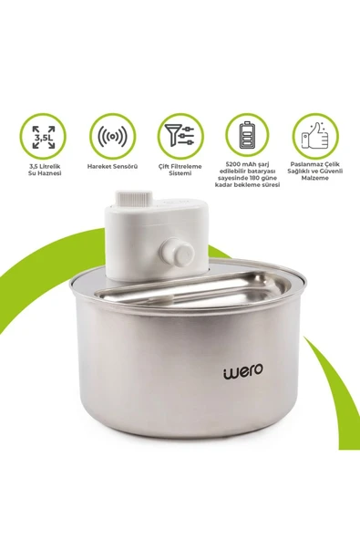 Wero Otomatik Kedi Köpek Su Kabı Su Şelalesi (PASLANMAZ ÇELİK) - Hareket Sensörü - 5200 Mah Bataryalı