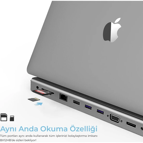 BX12HB 11’i 1 Arada Type-C Çok Portlu Laptop ve Tablet Standı 3.5mm Mic+Gigabit Ethernet+Micro SD/SD+USB 3.0+USB 2.0+VGA+HDMI (UHD 30 Hz/4K)+Type-C (PD) - 6