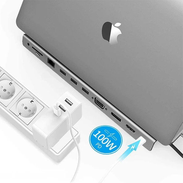 BX12HB 11’i 1 Arada Type-C Çok Portlu Laptop ve Tablet Standı 3.5mm Mic+Gigabit Ethernet+Micro SD/SD+USB 3.0+USB 2.0+VGA+HDMI (UHD 30 Hz/4K)+Type-C (PD) - 5