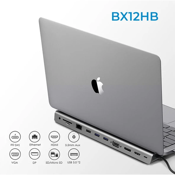 BX12HB 11’i 1 Arada Type-C Çok Portlu Laptop ve Tablet Standı 3.5mm Mic+Gigabit Ethernet+Micro SD/SD+USB 3.0+USB 2.0+VGA+HDMI (UHD 30 Hz/4K)+Type-C (PD) - 3
