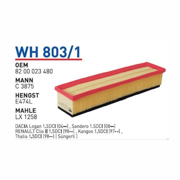 Wunder Wh803/1 Oem 8200023480 Renault Clio II 1.5Dci Hava Filtre