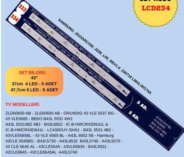 GRUNDIG 43VLE5537, 43VLE6565, B43L5531, A43L5531, B43L5531, 43VLE6565BL, 43VLE6565, A43L6652 5B, 43CLE5545BG, B43L5730, A43L6532, B43L5740 LED BAR ürün görseli