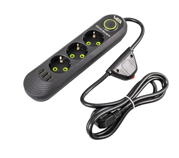 VEA VA-21557 3'LÜ 1.5 METRE KABLOLU 3 USB'Lİ SİYAH AKIM KORUMALI PRİZ