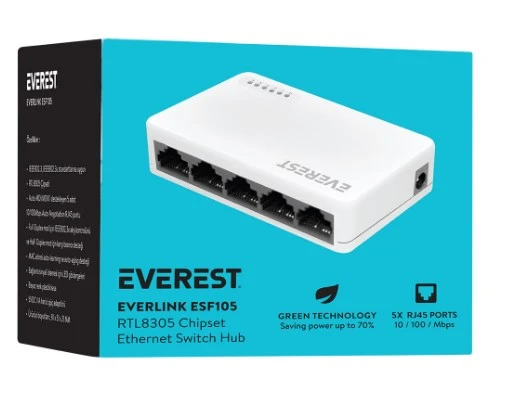 Everest Everlınk Esf105 5 Port 10 100mbps Rtl8305  Yonga Seti Hızlı Ethernet Masaüstü Switch Hub, Çoğaltıcı, Dağıtıcı