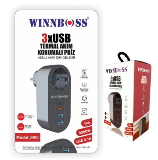 winnboss PRIZ AKIM KORUMA (1 PRİZ 2 USB 1 TYPE C) PRİZ TİPİ TEKLİ ürün görseli