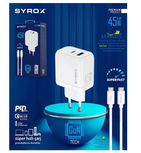 Syrox GAN45T Type-C & USB Giriş Başlık Ve Type-C Kablo 45w Quick HIZLI Şarj Cihazı Seti