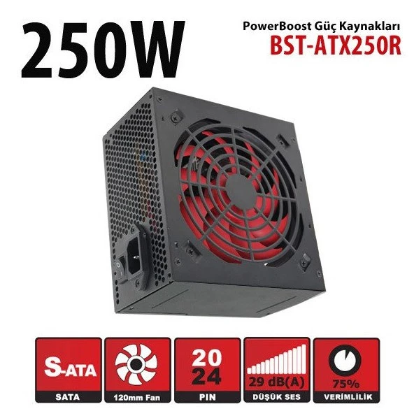 PowerBoost BST-ATX250R 250w, PPFC 12cm Kırmızı Fanlı ATX PSU (Retail Box)