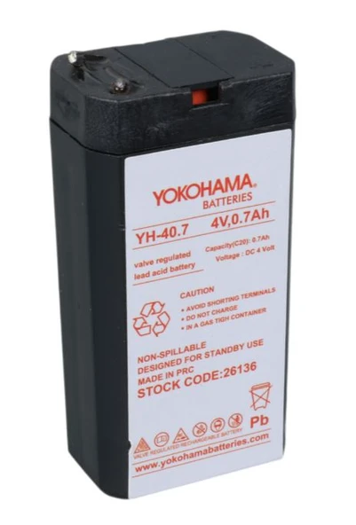 4V 0.7AH, IŞILDAK FENER AKÜSÜ,34x22x64 mm, Yokohama YH-40.7 4 Volt - 0.7 Amper Akü