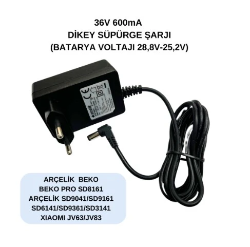 36V 600mA , Arçelik-Beko-Grundıg-Xıaomı, Dikey Süpürge Şarjı Aleti, Adaptör SD9961-JV63-JV83